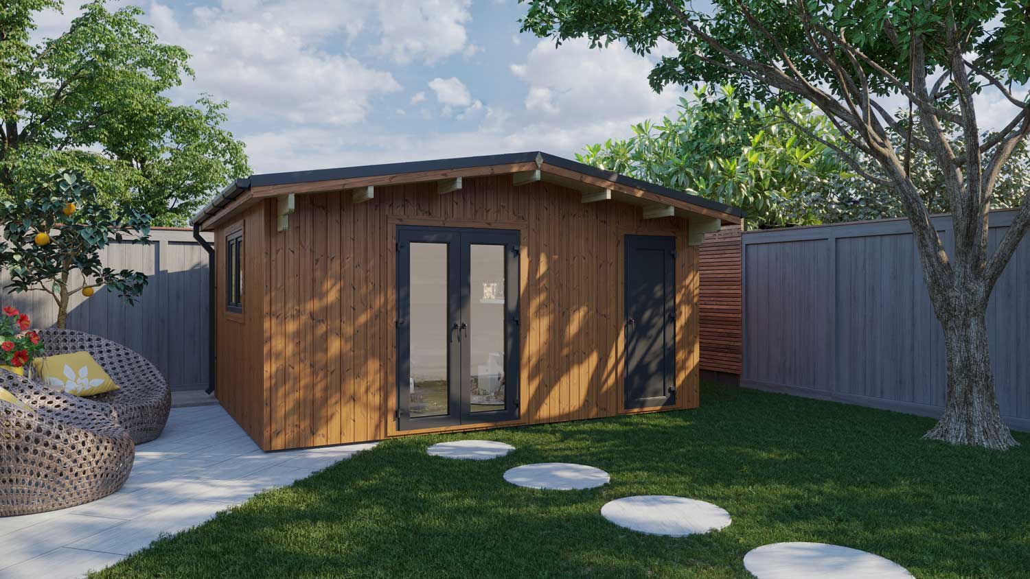 Loghouse Leitrim Log Cabin - vertical thermowood and Grey PVC windows
