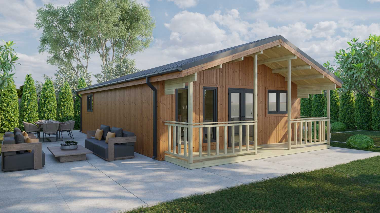 Loghouse Two-bed-type-F Log Cabin - vertical thermowood and Grey PVC windows