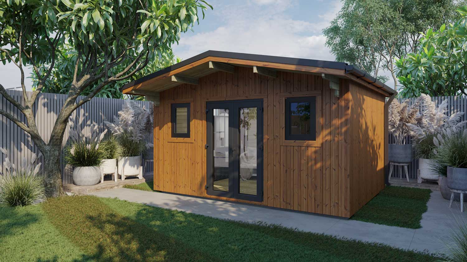 Loghouse Greystones Log Cabin - vertical thermowood and Grey PVC windows