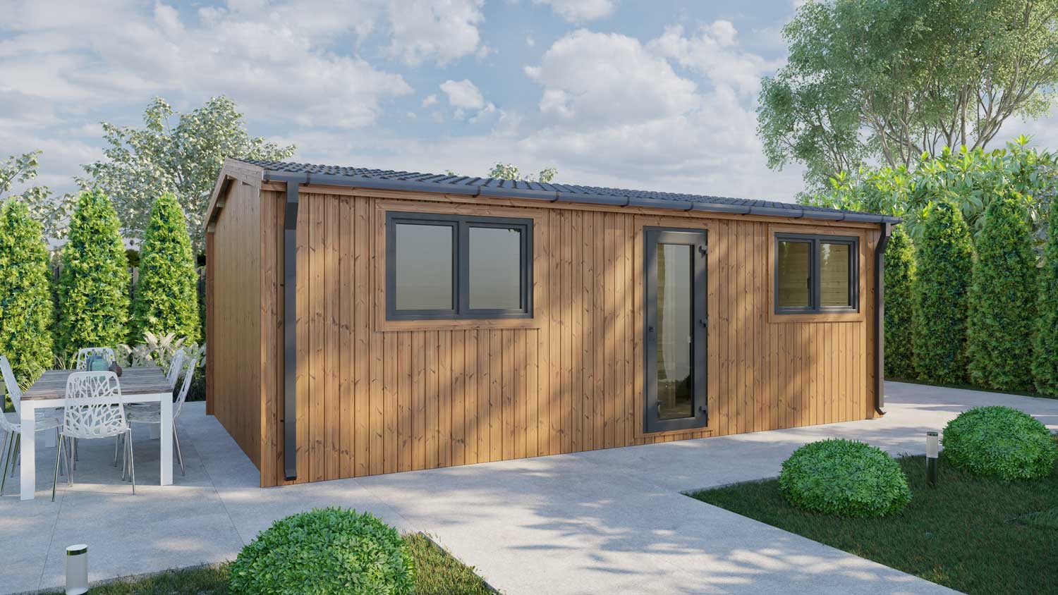 Loghouse Budget-one-bed-type-D Log Cabin - vertical thermowood and Grey PVC windows