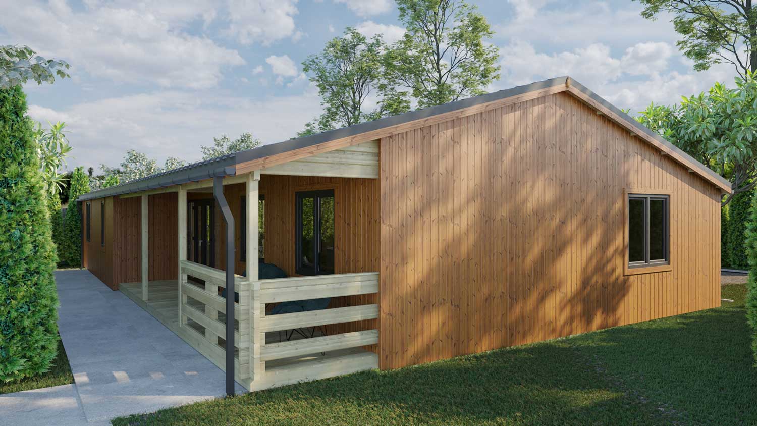 Loghouse Budget-four-bed-type-A Log Cabin - vertical thermowood and Grey PVC windows