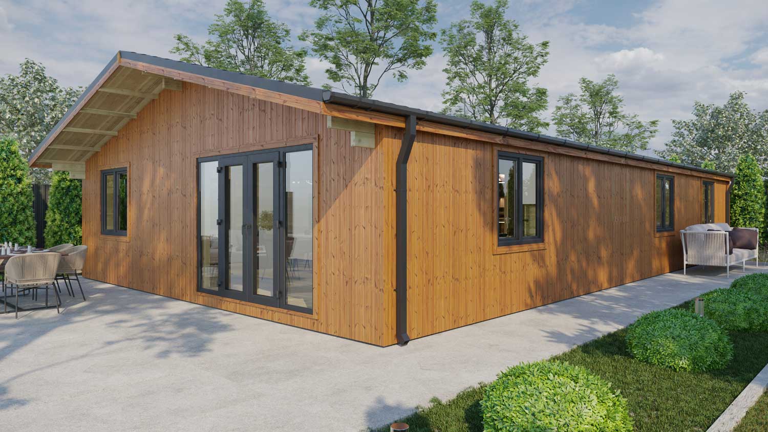 Loghouse Budget-four-bed-type-B Log Cabin - vertical thermowood and Grey PVC windows