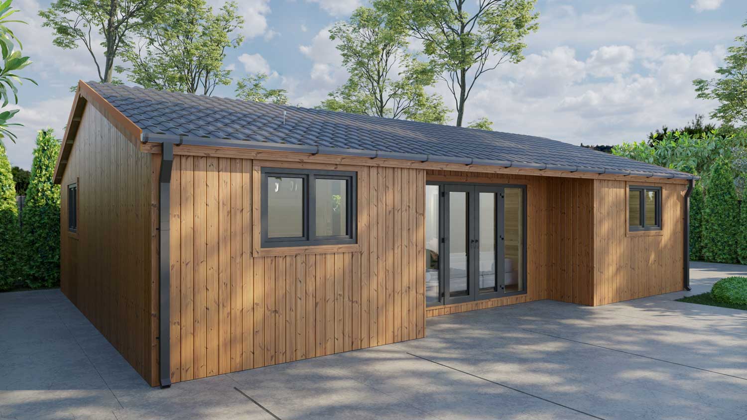 Loghouse Budget-two-bed-type-C Log Cabin - vertical thermowood and Grey PVC windows